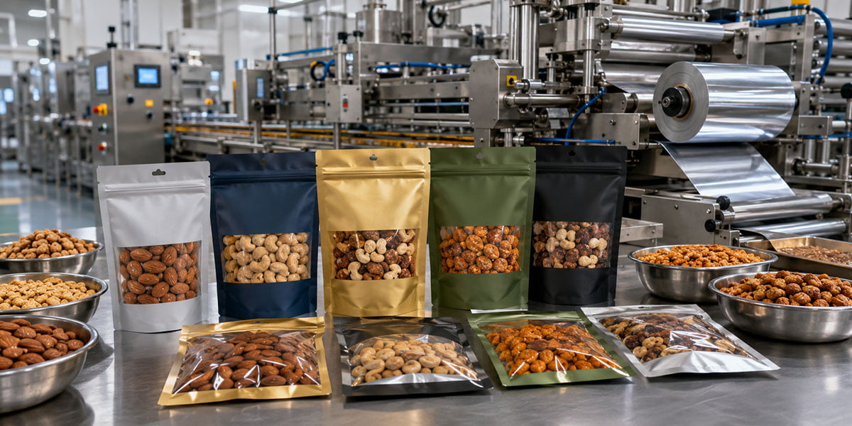 Premium roasted nuts and textured craft paper packaging