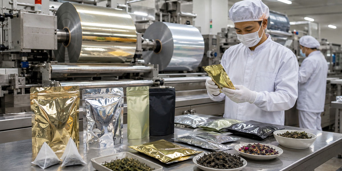 Premium tea leaves and technical packaging texture